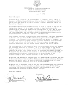 Dear Colleague letter from Congressmen John Joseph Moakley and Les Aucoin advocating that the US State Department allow Extended Voluntary Departure Status for Salvadoran refugees