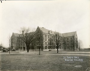 Saint Mary's Hall exterior: front from right on lawn, by Clifton Church