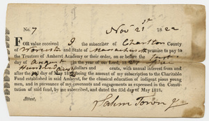 Salem Towne promissory note for Charity Fund subscription, 1822 November 21