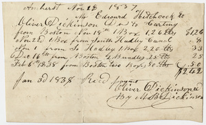 Edward Hitchcock receipt of payment to Oliver Dickinson, 1838 January 3