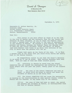 Letter from David I. Finnegan, candidate for Boston School Committee, to Judge W. Arthur Garrity, 1975 September 8