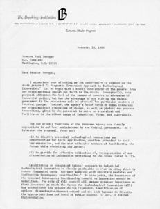Letter to Senator Paul Tsongas commenting on the draft proposal "A Pragmatic Government Approach to Technological Innovation"