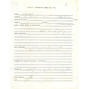 District VII CWEC information form and rumor control sheet, September 1975.