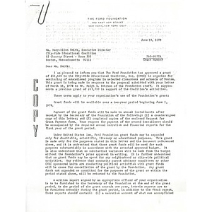 Letter, the Ford Foundation grant award, June 19, 1978.