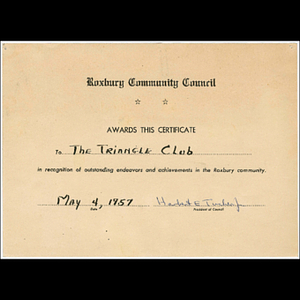 Award from the Roxbury Community Council to the Triangle Club