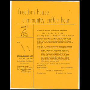 Flier for the Freedom House Community Coffee Hour featuring Edna G. Peck