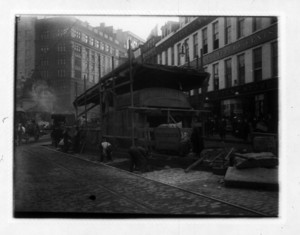 Constructing escalator covering in Scollay Square, plaster forms