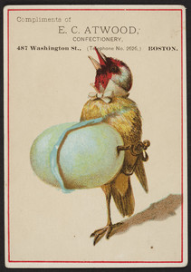 Trade card for E.C. Atwood, confectionery, 487 Washington Street, Boston, Mass., undated