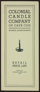 Retail price list for the Colonial Candle Company of Cape Cod, Hyannis, Mass., July 1949