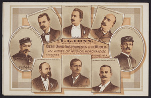 Trade card for C.G. Conn, band instruments, Elkhart, Indiana and Worcester, Mass., undated