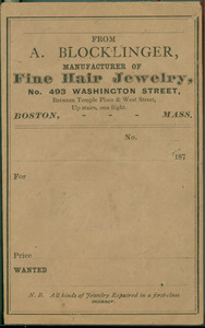 Envelope for A. Blocklinger, manufacturer of fine hair jewelry, No. 493 Washington Street, Boston, Mass., 1870s