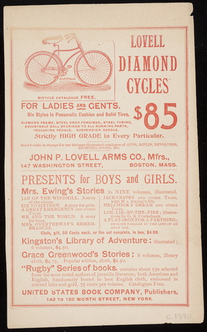 Advertisement for Lovell Diamond Cycles, John P. Lovell Arms Co., mfrs., 147 Washington Street, Boston, Mass., ca. 1890