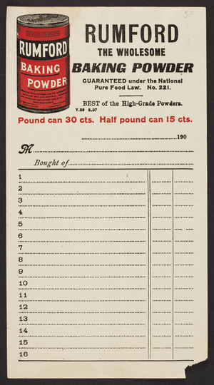 Billhead for Rumford Baking Powder, Rumford Chemical Works, Providence, Rhode Island, ca. 1900