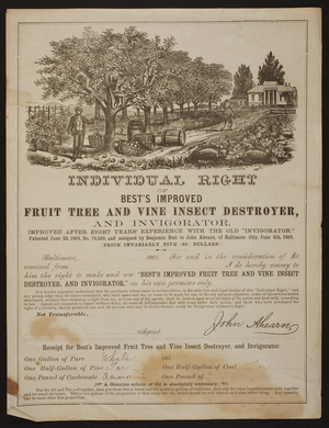 Individual right of Best's Improved Fruit Tree and Vine Insect Destroyer and Invigorator, J. Ahearn, Marble Building, No. 5 Post Office Avenue, Baltimore, Maryland, 1869