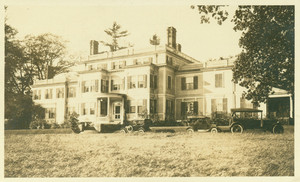 Postcard with exterior view of Lyman Estate, Waltham, Mass., with automobiles parked in front of the house