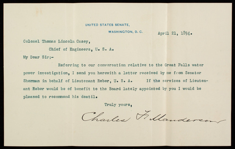 Charles F. Manderson to Thomas Lincoln Casey, April 21, 1894