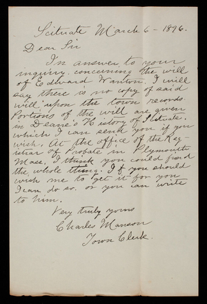 Charles Manson to Thomas Lincoln Casey, March 6, 1896