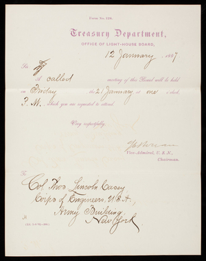 Office of the Light-House Board to Thomas Lincoln Casey, January 12, 1887