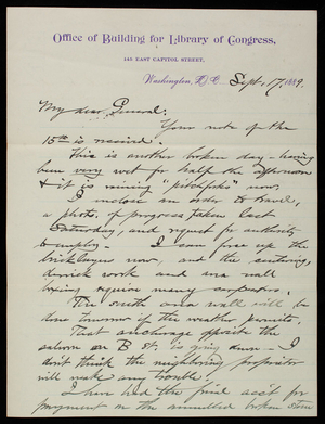 Bernard R. Green to Thomas Lincoln Casey, September 17, 1889