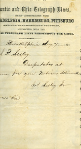 Telegraph from Joseph Lesley to J. P. Lesley
