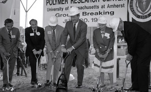 Ceremonial groundbreaking: group including Gov. William Weld (center), flanked by Stanley Rosenberg and Gordon Oakes (left) and Corinne Conte (right)