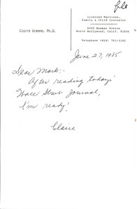 Letter from Claire Greene to Mark H. McCormack