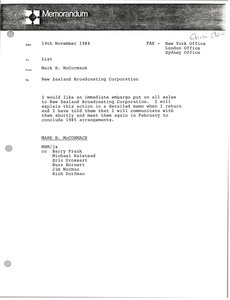 Memorandum from Mark H. McCormack concerning the New Zealand Broadcasting Corporation