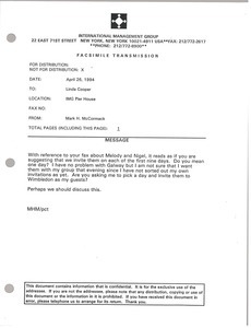 Fax from Mark H. McCormack to Linda Cooper