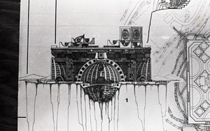 Architectural sketch of fantastic structure by Paolo Soleri
