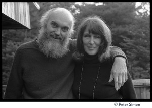 Ram Dass with his arm around an unidentified woman, Rowe Center spiritual retreat