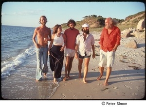 Tukaram Das, Mirabai Bush, Krishna Das, Chaitanya Maha Prabu, and Ram Dass walking on the beach