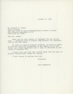 Letter from Judi Chamberlin to Mildred K. Lehman