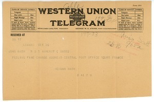 Telegram from Herman B. Nash to John Nash