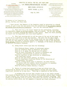 Circular letter from Anson Phelps Stokes to Members of the committee on Africa, the war, and peace aims