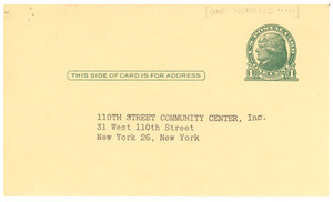 One Hundred and Tenth Street Community Center, Inc. reply card