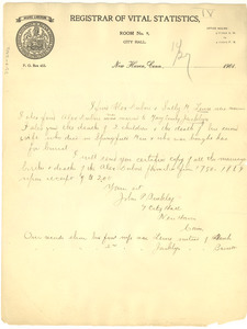 Letter from Registrar of Vital Statistics, New Haven Connecticut to W. E. B. Du Bois