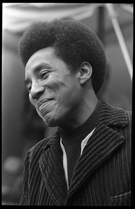 Smokey Robinson: close-up portrait in corduroy jacket, back stage before his final Boston appearance with the Miracles