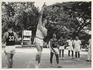 1965 Far East Tour, Member of Springfield College Men's Basketball Team Shoots Hook Shot