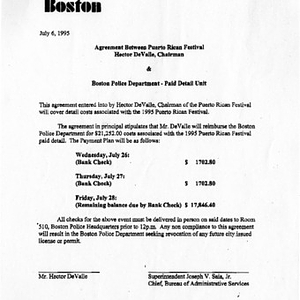 Agreement between Puerto Rican Festival, Hector Del Valle, chairman & Boston Police Department - paid detail unit