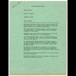 Memorandum from Raymond W. Jarvis to Thomas Jenkins concerning synopsis of Area 12 meeting held October 28, 1965