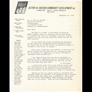 Letter from Joseph Slavet to Otto Snowden about Action for Boston Community Development (ABCD) payment to Freedom House, Inc.