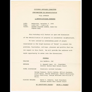 Citizens Advisory Committee Subcommittee on Rehabilitation, A Rehabilitation Workshop, December 8, 1965