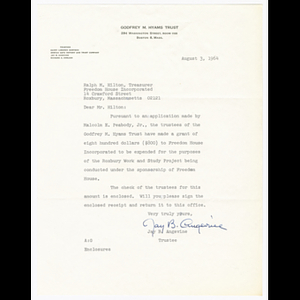 Letter from Jay B. Angevine to Mr. Ralph M. Hilton about grant for Roxbury Work and Study project from Godfrey M. Hyams Trust