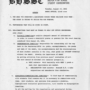 Agenda for Boston High School Student Coordinators meeting on August 17, 1982