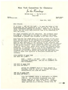 Circular letter from New York Committee for Clemency for the Rosenbergs to W. E. B. Du Bois