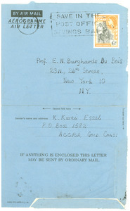 Aerogramme from K. Kwei Essel to W. E. B. Du Bois