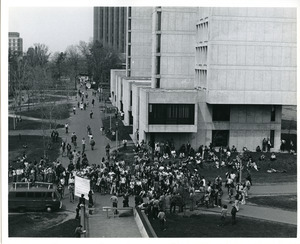 Board of Trustees fee increase demonstration: protesters gathered in front of the Whitmore Administration Building, Herter Hall in background