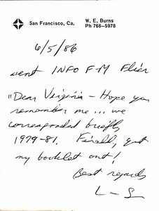 Correspondence from Lou Sullivan to Virginia Prince (June 5, 1986)