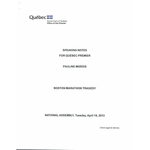 Speaking Notes for Quebec Premier National Assembly regarding the "Boston Marathon Tragedy"