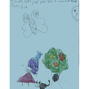Drawing of a child, a cat, a tree and a butterfly from an Illinois student